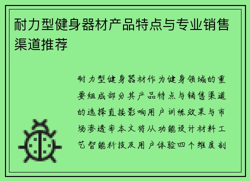 耐力型健身器材产品特点与专业销售渠道推荐