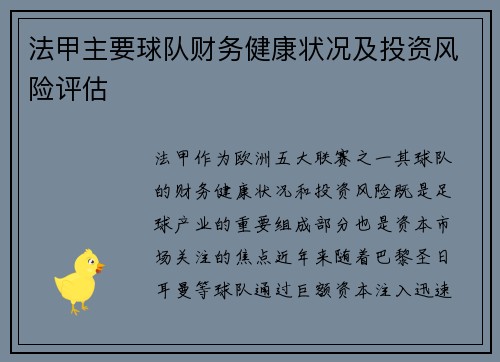 法甲主要球队财务健康状况及投资风险评估